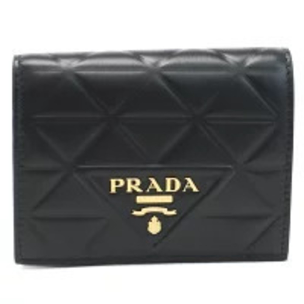 Prada Bi fold Wallet Coin Compact SOFT CALF TRIANGO Leather Italy NERO Black